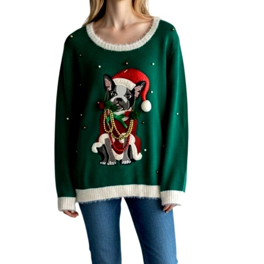 Holiday Time Women's Large Ugly Festive French Bulldog Boston Terrier Sweater